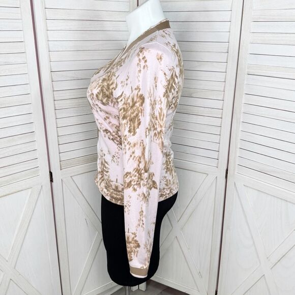 Shae Anthropologie Floral Ribbon Trim Cardigan Sweater Pink Tan Large - Picture 2 of 11